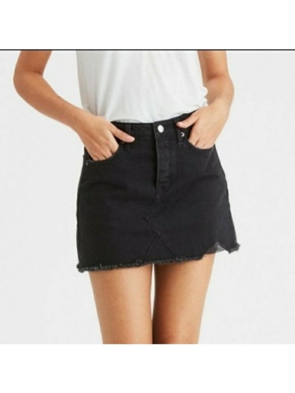Black Denim Mini Skirt With Button Front & Pockets